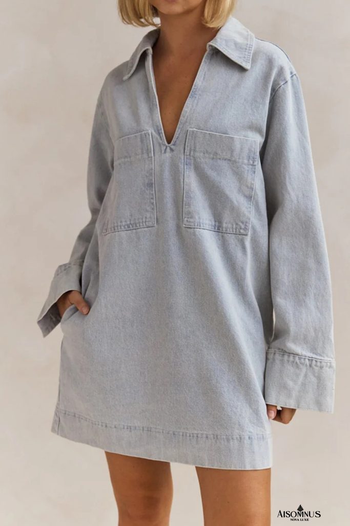Beau Blue V Neck Collar Pocket Denim Mini Dress