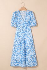 Sky Blue Floral Print Deep V Neck Puff Sleeve Flowy Dress - Image 4