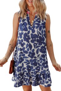 Blue Floral Sleeveless Notched V Neck Mini Dress - Image 18