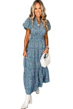 Blue Abstract Print Split V Neck Shirred High Waist Maxi Dress - Image 13