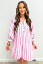 Rose Striped Long Sleeve Buttons Loose Mini Dress - Image 4