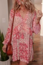 Pink Bohemian Floral Print Tassel Tie Long Sleeve Flowy Mini Dress - Image 9