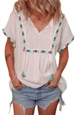 White Colorful Fringed Detail Tassel Tie Neck Short Sleeve Cover Up - Image 15