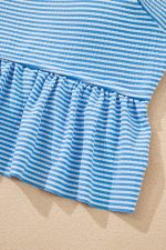 Sky Blue Striped Ruffled Shoulder Peplum Top 2 Piece Tankinis - Image 11