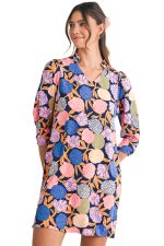 Navy Blue Hydrangea Floral V Neck Puff Sleeve Dress - Image 9
