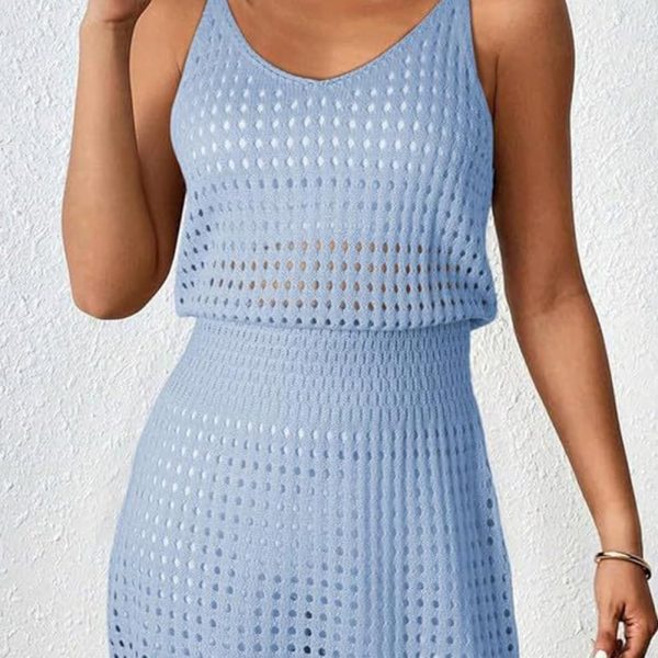 Sky Blue Hollow Out Beach Cover Up Dress
