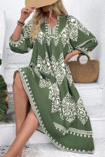 Green Abstract Geometric Print Long Sleeve Vacation Dress - Image 3