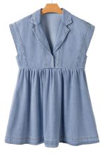 Beau Blue Lapel Neck Cap Sleeve High Waist Denim Babydoll Dress - Image 16