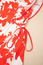 Red Floral Print Trimmed V Neck Ruffle Sleeve Maxi Dress - Image 8