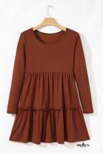 Straw Yellow Ribbed Frilled Trim High Waist Long Sleeve Mini Dress - Image 9