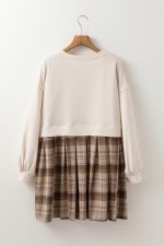 Beige Plaid Patchwork High Waist Sweatshirt Mini Dress - Image 11