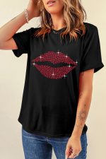 Black Shiny Lip Shape Graphic Crew Neck Tee - Image 5