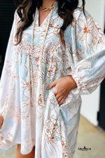 White Floral Print Tie V Neck Puff Sleeve Mini Dress - Image 2