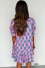 Pink Geometric Print V-Neck Ricrac Trim Mini Dress - Image 2