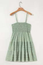 Smoke Green Solid Color Shirred Spaghetti Strap Textured Dress - Image 6