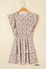 Khaki Heart Printed Flutter Sleeve Cinched Waist Tiered Ruffle Mini Dress - Image 3
