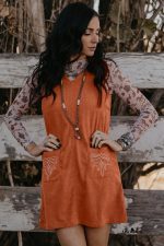 Gold Flame Corduroy Embroidered Patch Pocket Sleeveless Mini Dress - Image 3