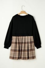 Black Plaid Patchwork High Waist Sweatshirt Mini Dress - Image 6