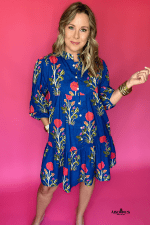 Blue Floral Print Button Front 3/4 Puff Sleeve Ruffle Hem Dress - Image 5