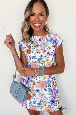 Sky Blue Vibrant Floral Print Cap Sleeve Mini Dress - Image 3