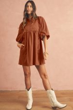 Gold Flame Light Snap Button Empire Waist Lantern Sleeve Corduroy Dress - Image 6