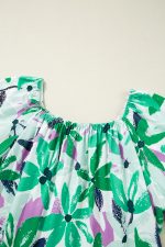 Green Floral Print Shirred Square Neck Loose Fit Mini Dress - Image 8