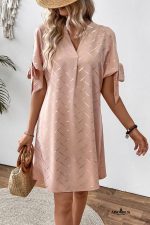 Apricot Pink Geometric Print Knot Sleeve V Neck Mini Dress - Image 4