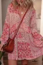 Pink Bohemian Floral Print Tassel Tie Long Sleeve Flowy Mini Dress - Image 5
