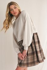 Beige Plaid Patchwork High Waist Sweatshirt Mini Dress - Image 7