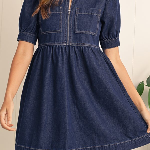 Dirty Blue Puff Sleeve Half Zipper Denim Flowy Dress