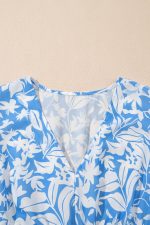Sky Blue Floral Print Deep V Neck Puff Sleeve Flowy Dress - Image 9