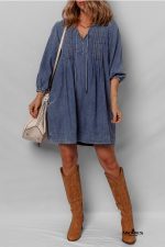 Sail Blue Pleated V Neck 3/4 Sleeve Denim Mini Dress - Image 5
